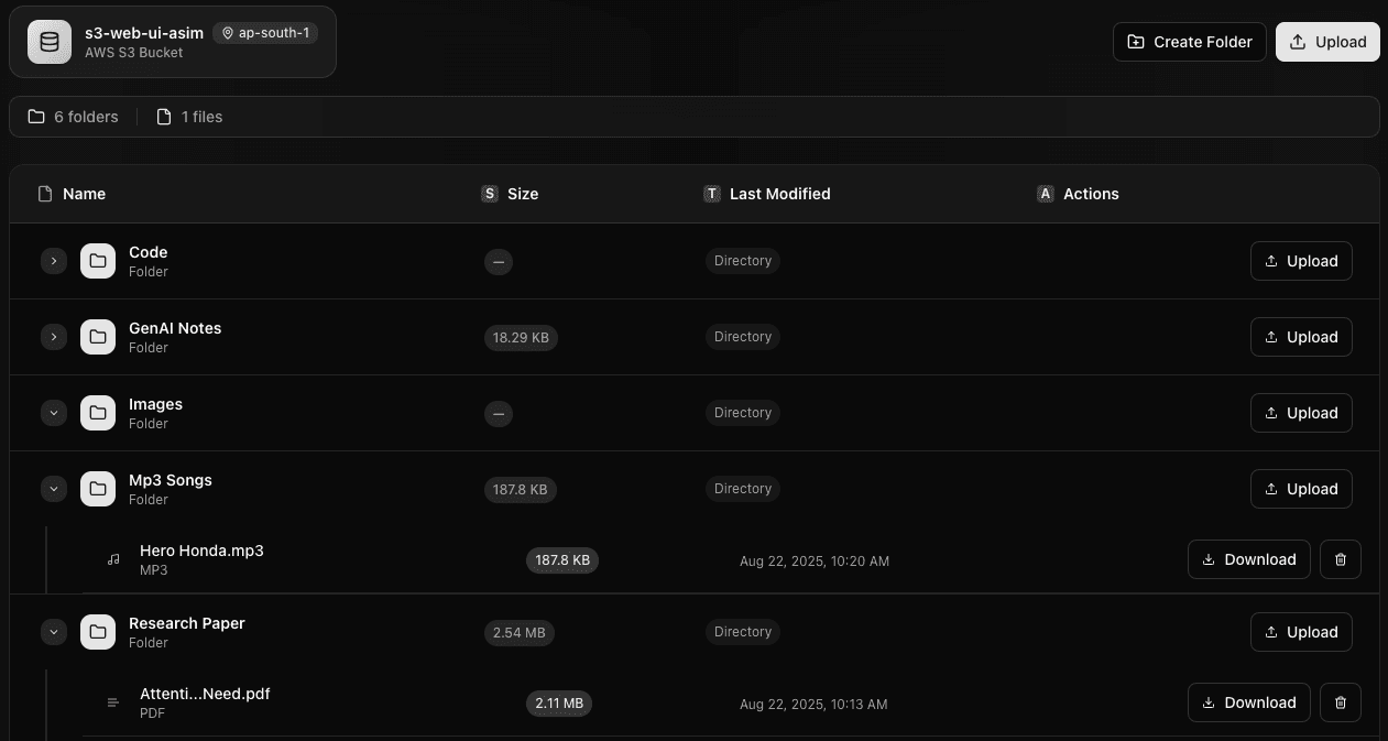 The S3 Buddy file explorer listing folders and files in a bucket
